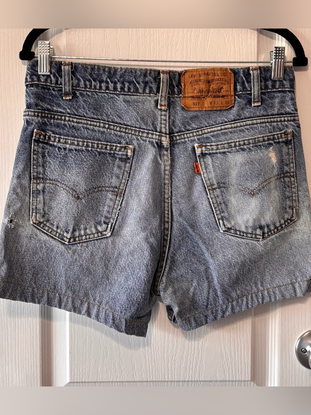 Vintage 90s Levi’s 517 Orange Tab Cut Off Jean Shorts Medium Wash with Fade
